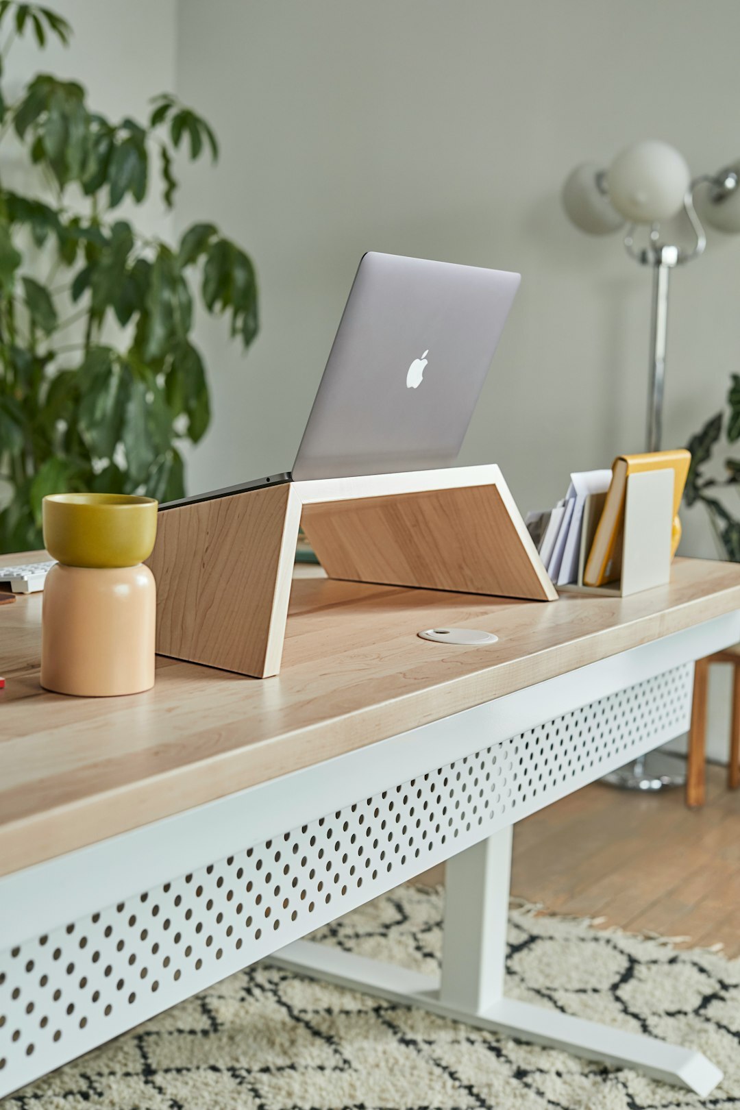 Modern minimalist office workspace with desk, notebook and plant